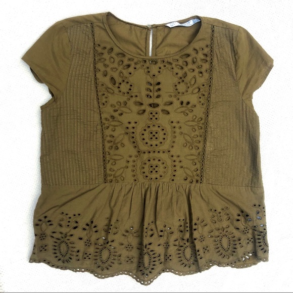 Olive Green Cap Sleeve Eyelet Top - Picture 7 of 8